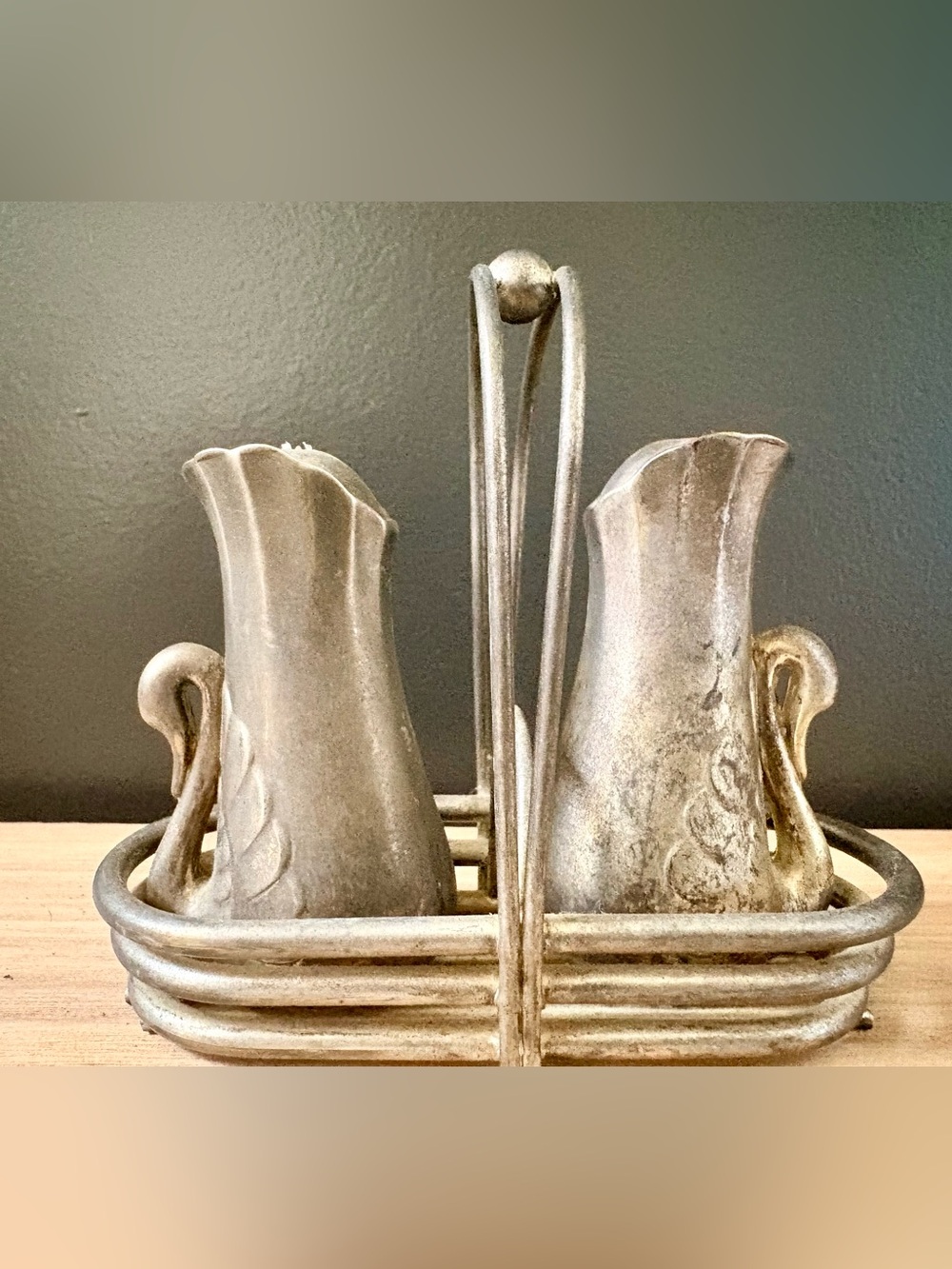 Vintage Silver Plated Swan Salt and Pepper Shaker Set with Caddy